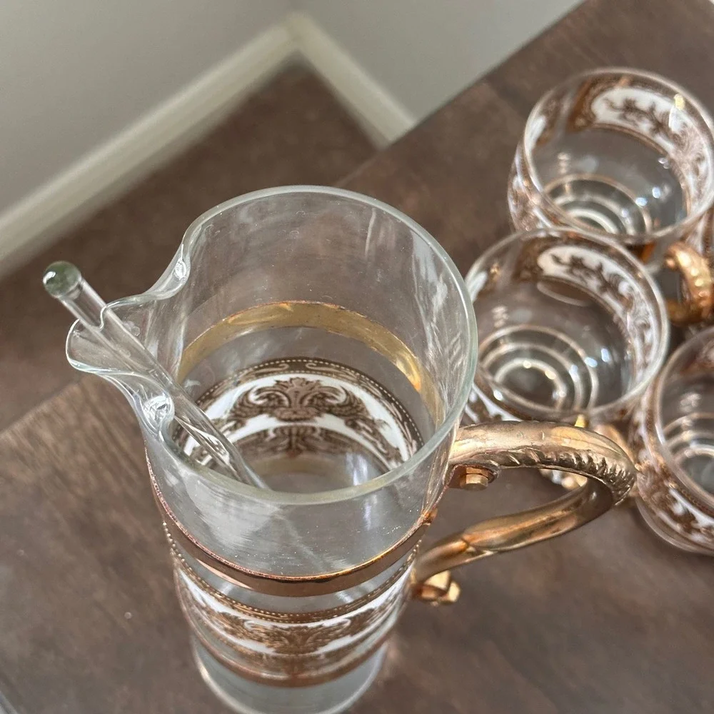 Vintage 22K Gold Filigree Glass Pitcher and 6 Mug Set with Stirrer MCM Barware